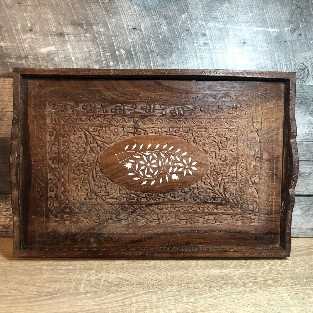 Vintage 1970’s  Hand Carved Wooden Embossed Made In India Tray With Handles (ts)